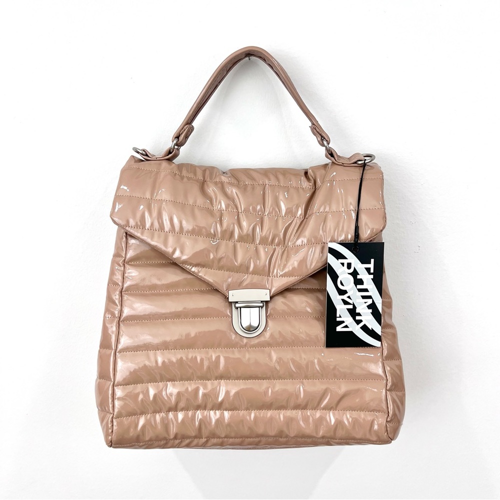 NWT Think Royln Large Top Handle Crossbody Evelyn Quilted Nude Patent Kelly Bag